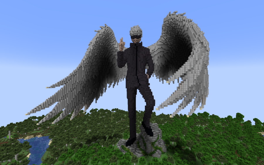 Minecraft Satoru Gojo Angel JuJutsu Kaisen Statue Free Schem Schematic Screenshots 2 Detailed Minecraft build of Gojo with massive white wings overlooking a forest