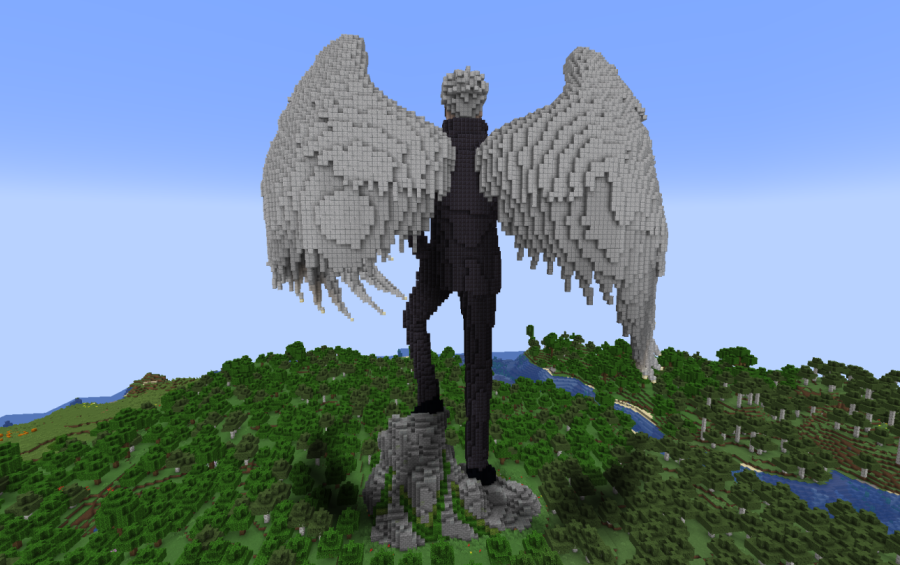 Minecraft Satoru Gojo Angel JuJutsu Kaisen Statue Free Schem Schematic Screenshots 3 A giant Minecraft statue of Satoru Gojo with large white angel wings