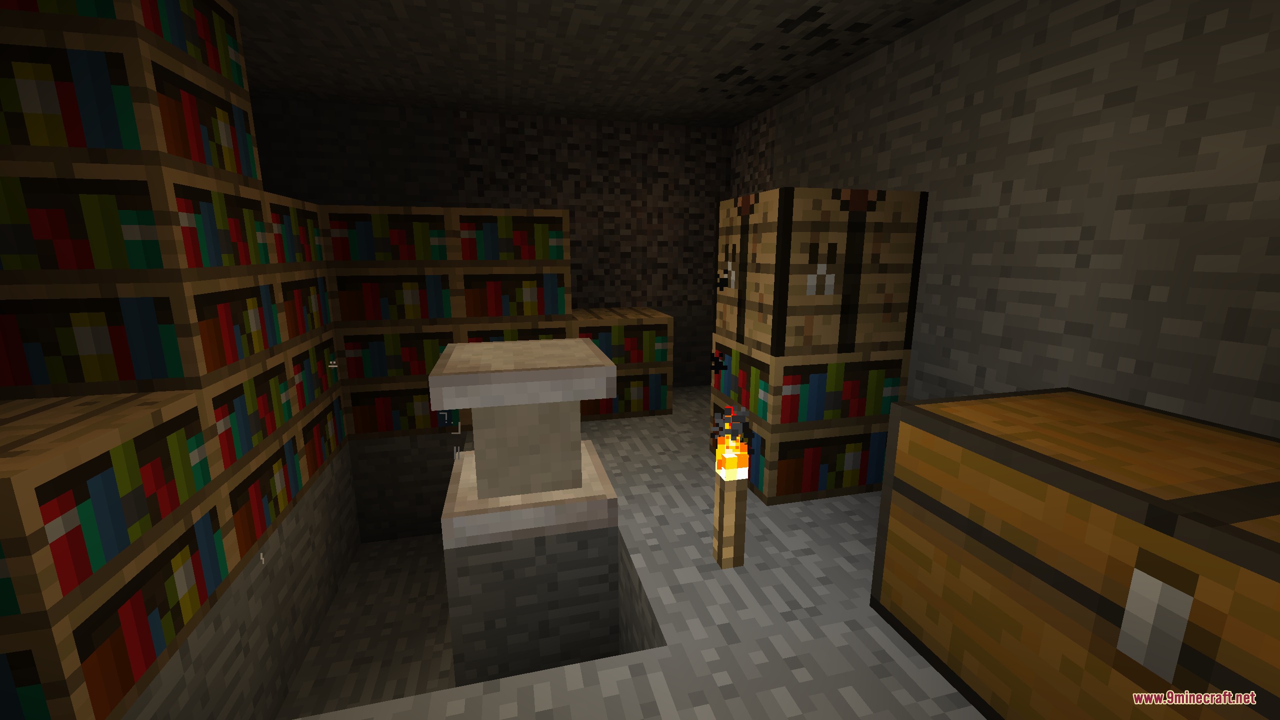 Minecraft Sigma MCS Mod Screenshot 2 Underground library with bookshelves and a stone pedestal for casting arcane spells