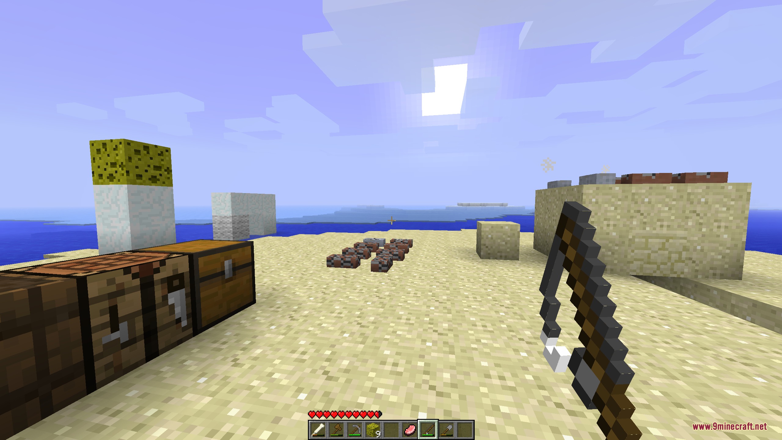 Minecraft Sigma MCS Mod Screenshot 4 Player holding a fishing rod on a beach with chests and crafting table