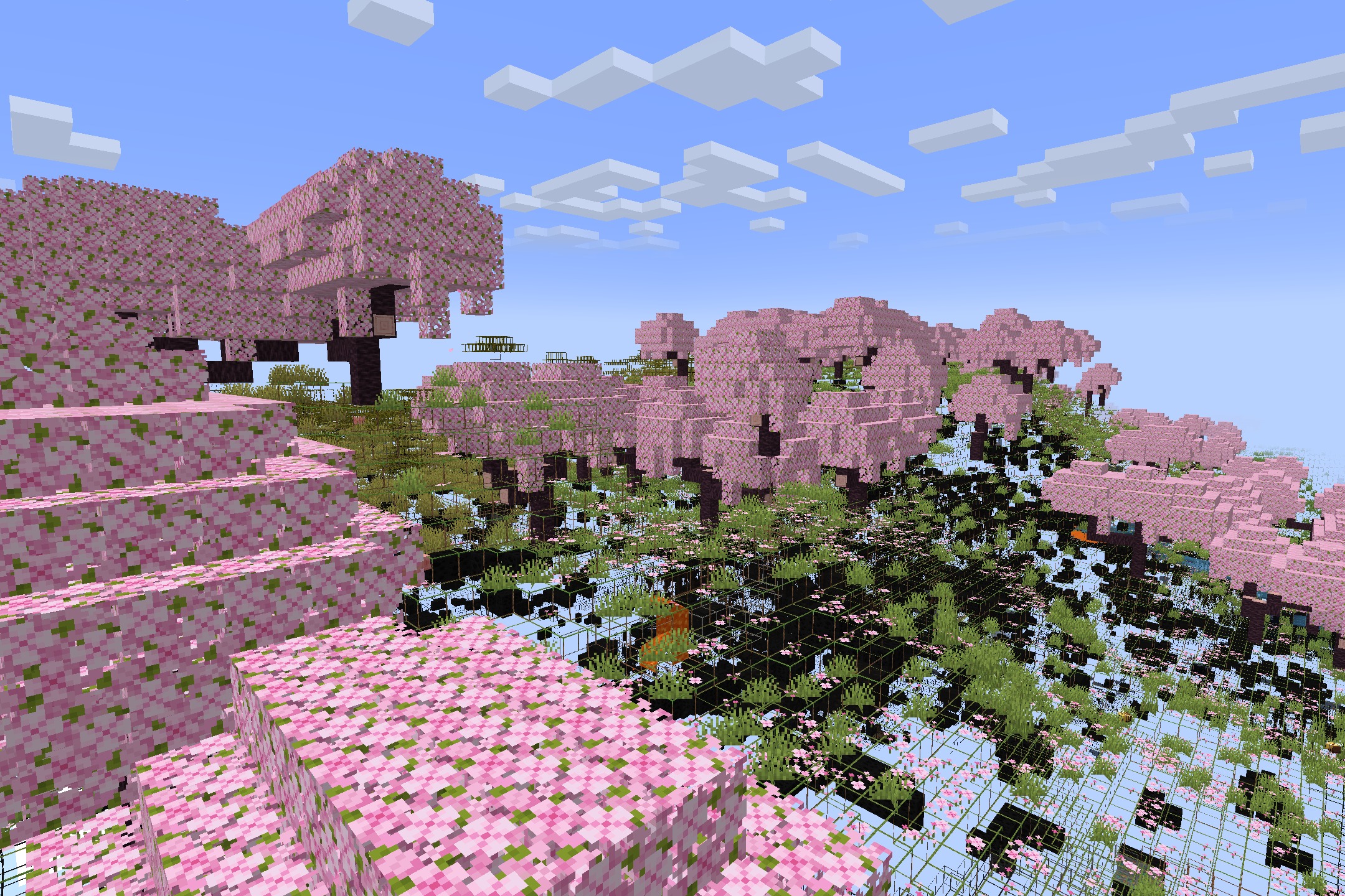 Minecraft X-Ray Edition by Crimom Resource Pack Screenshot 1 Pink cherry blossom trees stand above a transparent ground revealing hidden blocks