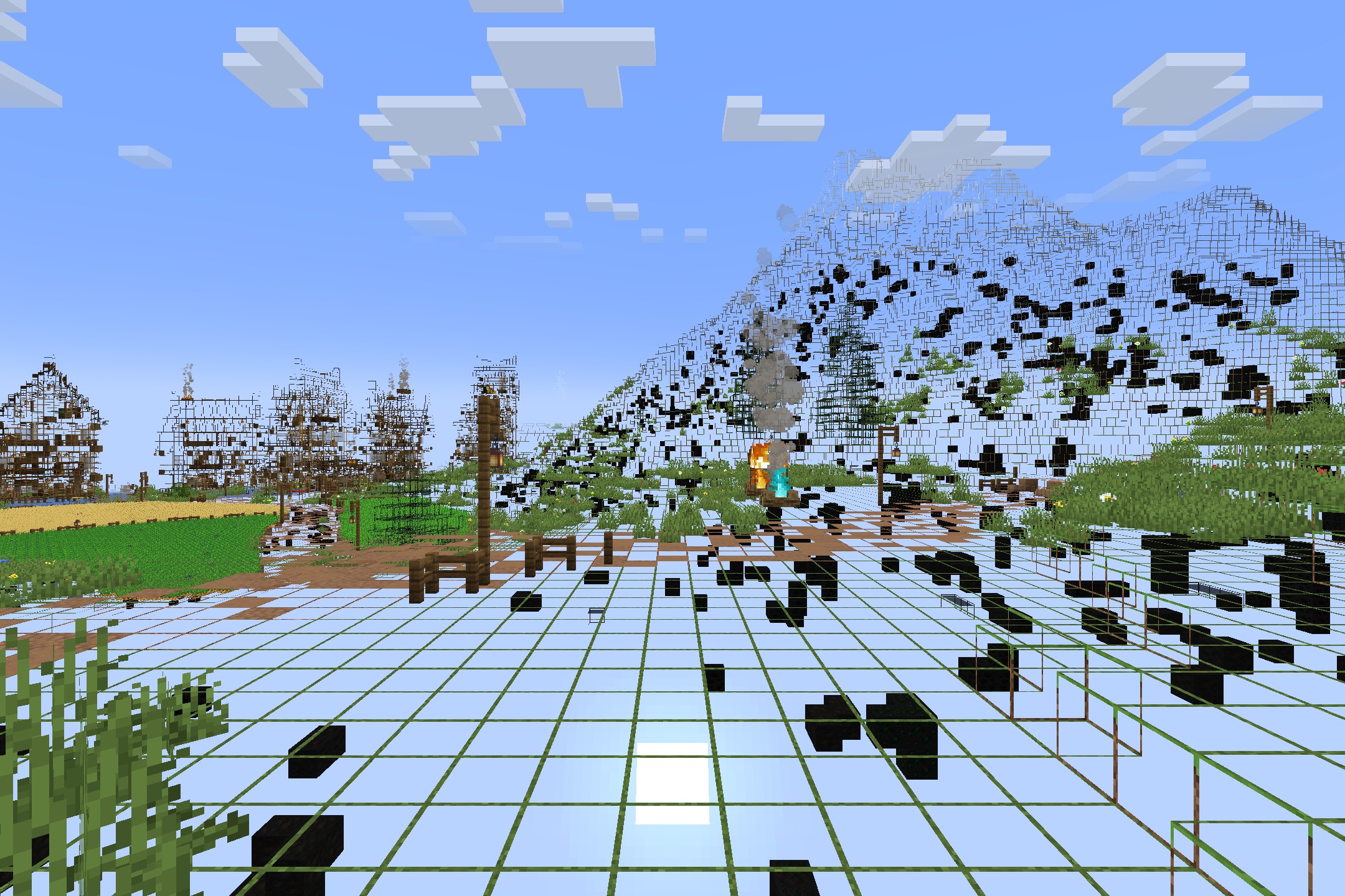 Minecraft X-Ray Edition by Crimom Resource Pack Screenshot 2 Transparent terrain reveals hidden ores and structures beneath a grassy village landscape