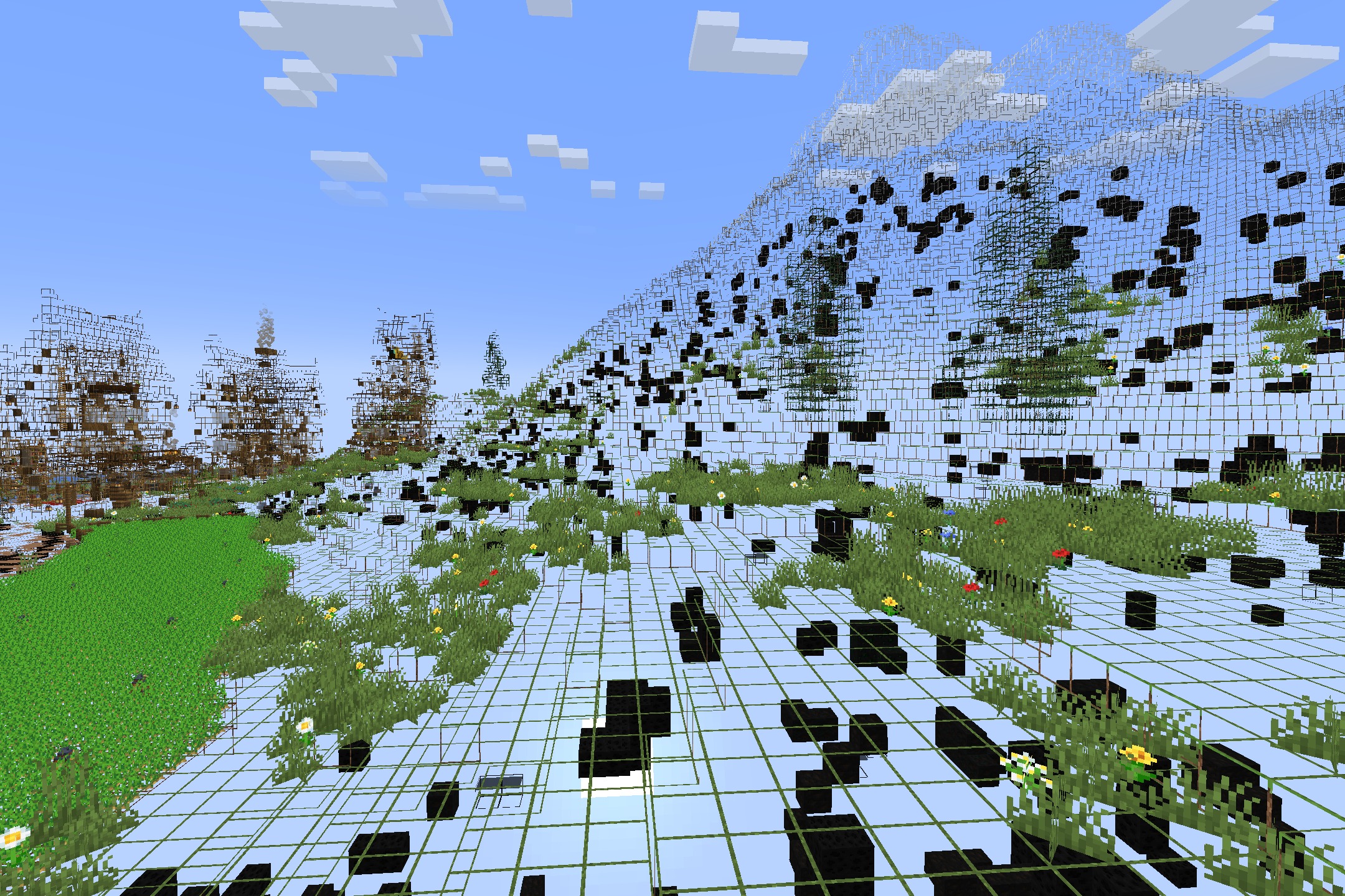 Minecraft X-Ray Edition by Crimom Resource Pack Screenshot 4 A mountain landscape with transparent blocks showing a grid of hidden ores