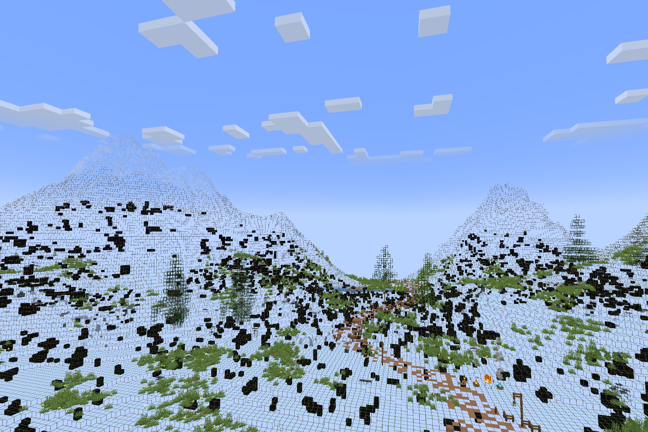Minecraft X-Ray Edition by Crimom Resource Pack Screenshot 6 Snowy mountain landscape with transparent blocks showing coal ores and a path