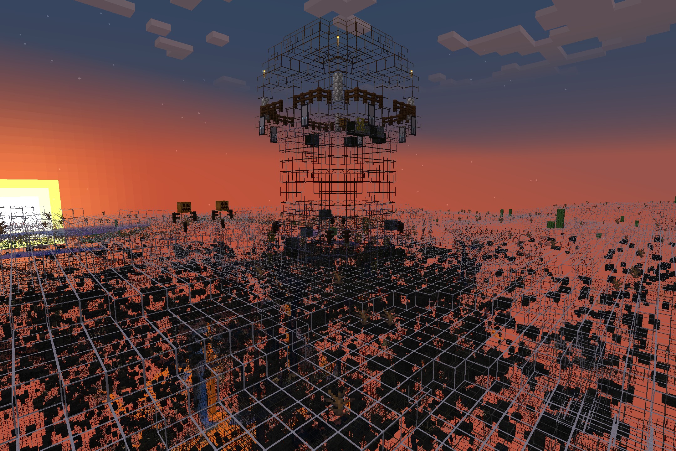 Minecraft X-Ray Edition by Crimom Resource Pack Screenshot 7 Transparent blocks reveal hidden ores and a tall tower under a sunset sky