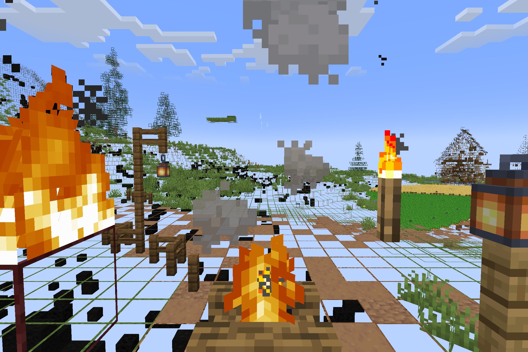 Minecraft X-Ray Edition by Crimom Resource Pack Screenshot 8 A pig wearing a golden crown stands on transparent ground near glowing campfires