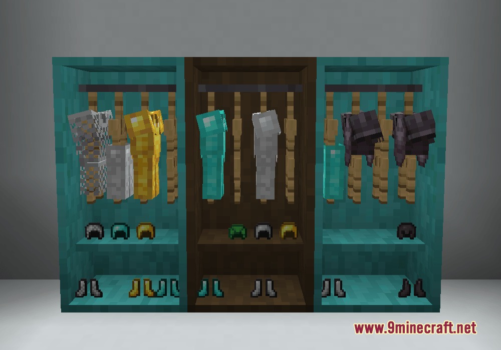 Minekea Fabric Neo Forge Mod Screenshot 2 Armor sets hanging in wooden wardrobes with helmets and boots on shelves