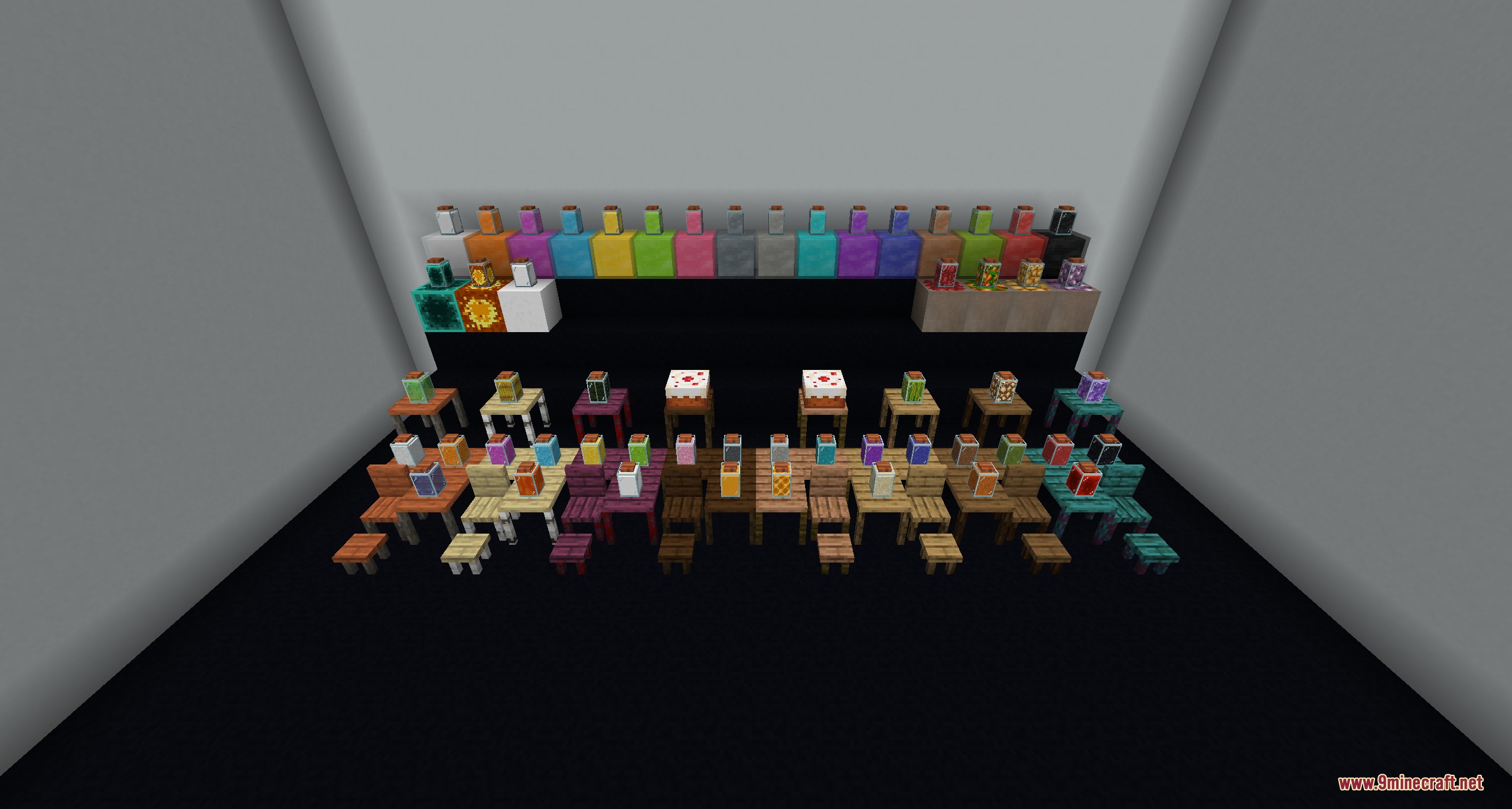 Minekea Fabric Neo Forge Mod Screenshot 3 Minekea mod features various furniture items and decorative jars on black tiered platforms