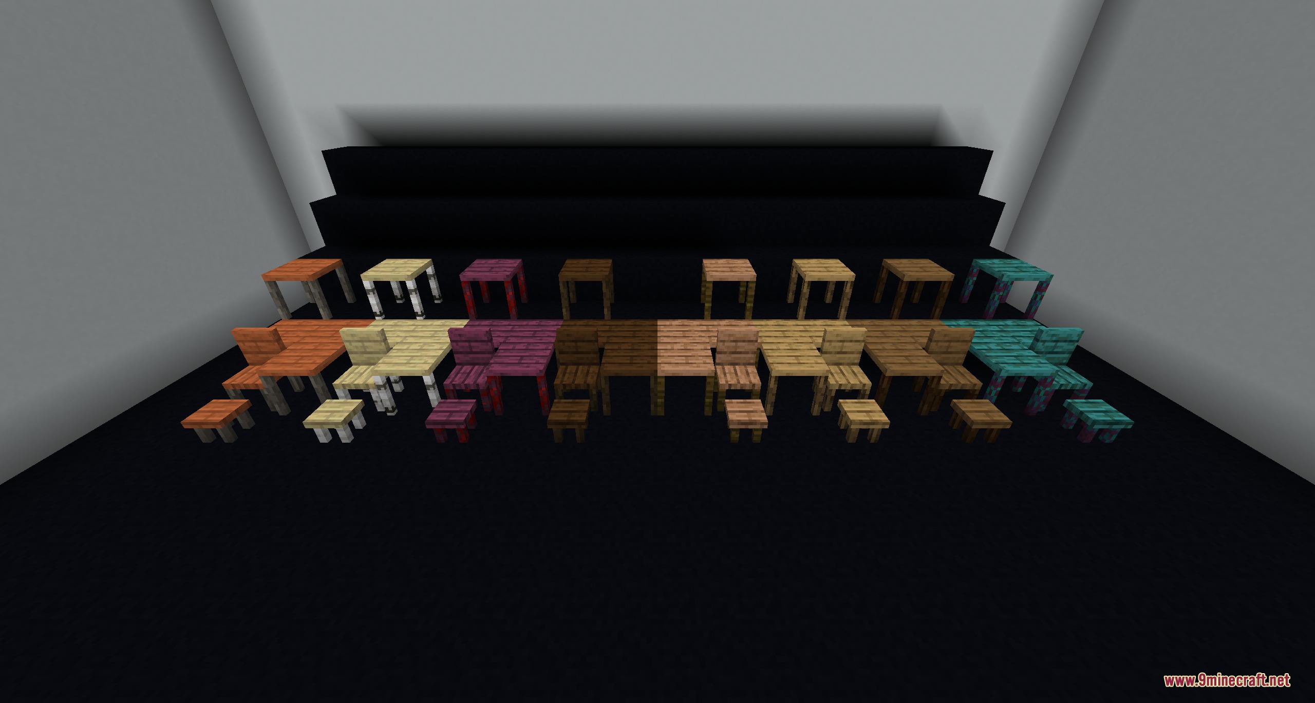 Minekea Fabric Neo Forge Mod Screenshot 4 A collection of wooden tables and chairs in many different colors