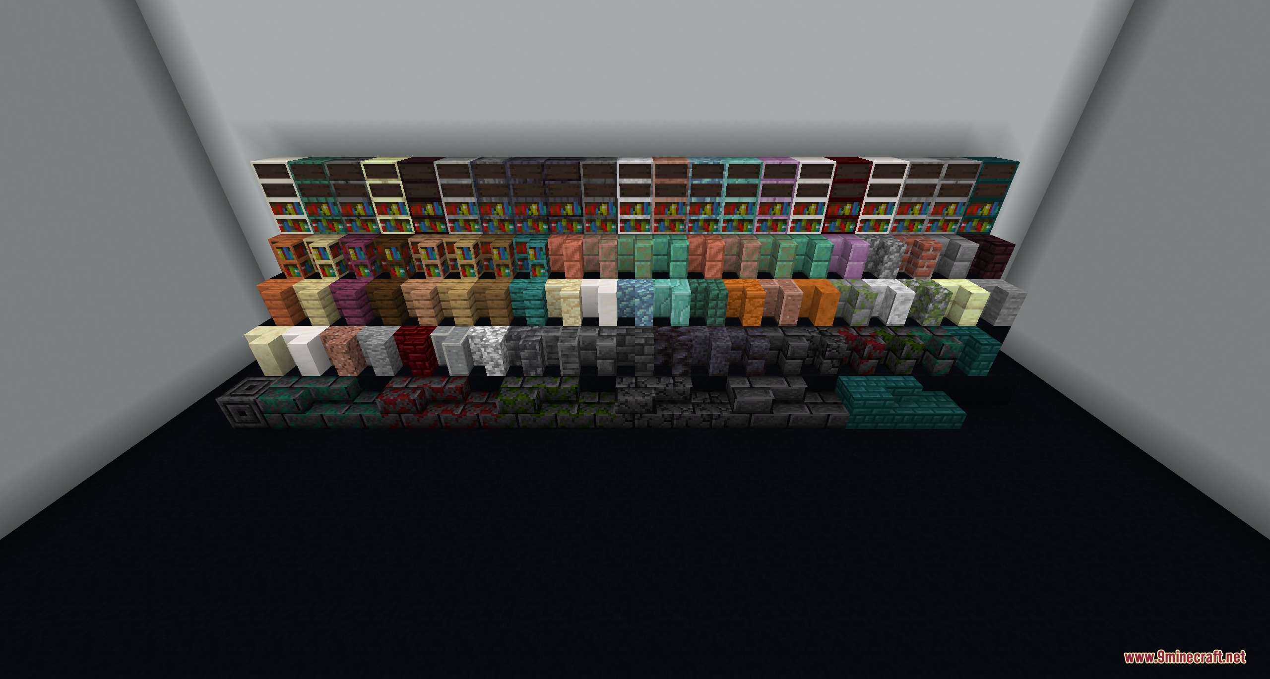 Minekea Fabric Neo Forge Mod Screenshot 5 A wide collection of custom bookshelves and decorative blocks on display