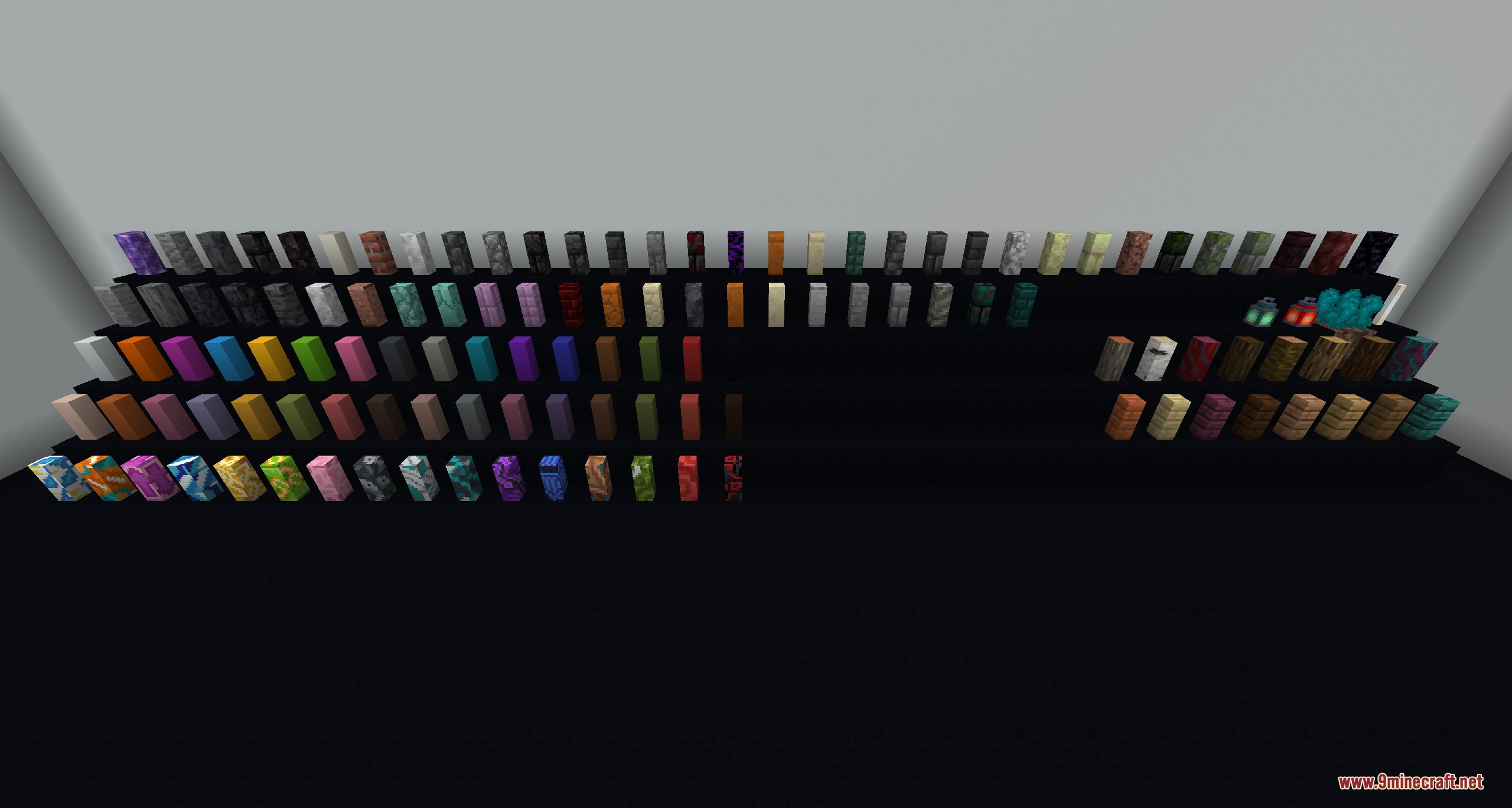 Minekea Fabric Neo Forge Mod Screenshot 6 Colorful decorative blocks and small glass jars displayed on tiered steps