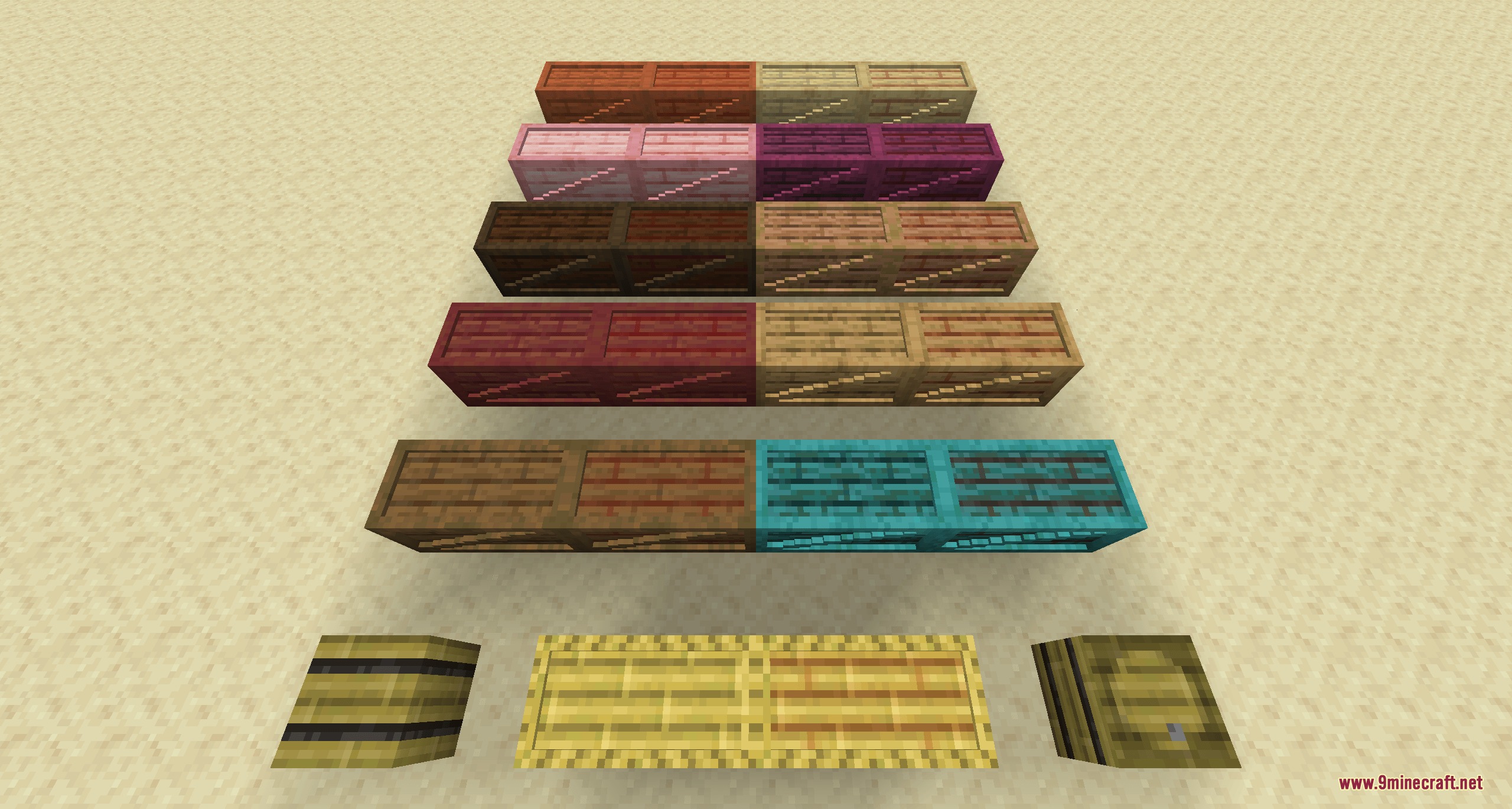 Minekea Fabric Neo Forge Mod Screenshot 8 Wooden storage crates and barrels of different wood types placed on sand
