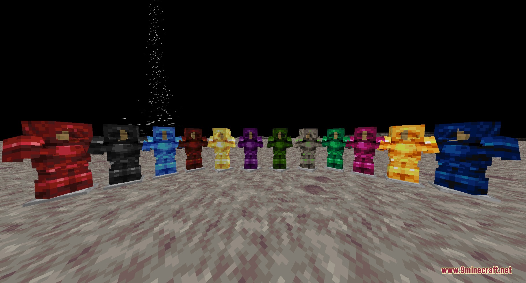 A row of colorful Aspect Armor sets displayed on armor stands