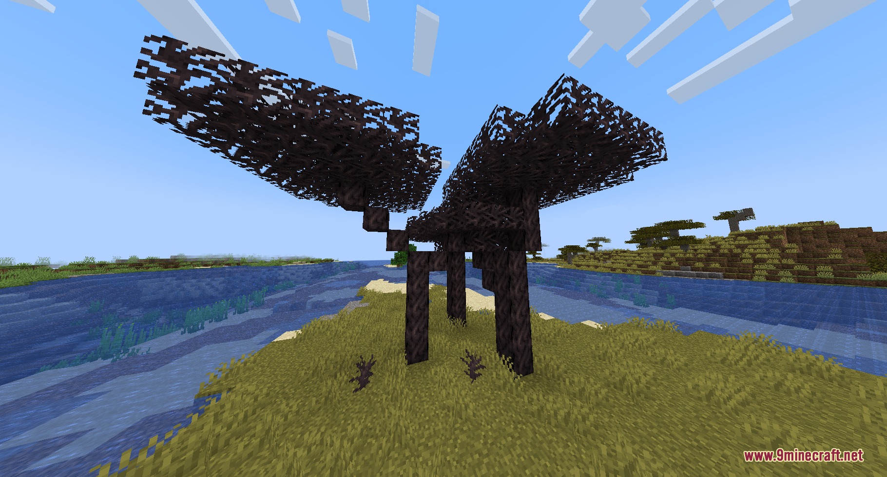 A dark Bramble wood tree standing on a grassy island near a river
