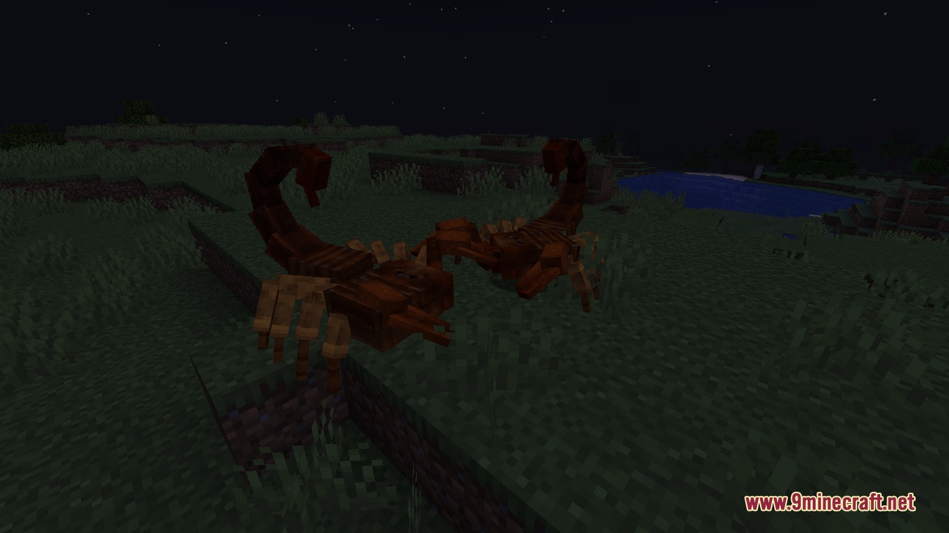 Mo' Creatures Port Mod Screenshot 4 Two dangerous scorpions crawl through the grass near a body of water