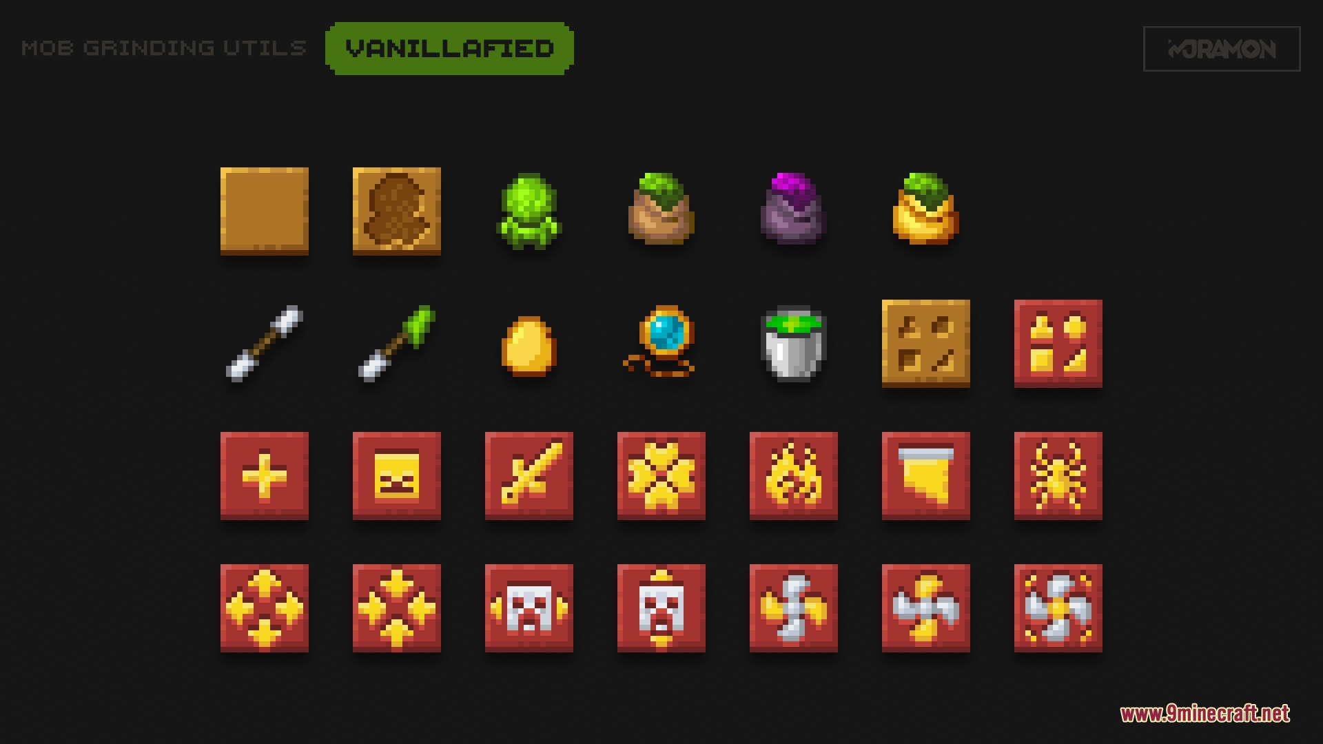 Mob Grinding Utils Vanillafied 16px Resource Pack Screenshot 8 A grid of vanilla style textures for Mob Grinding Utils items