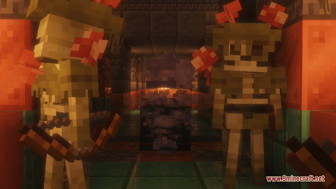 Two Bogged skeletons standing in a trial chamber near a mob spawner