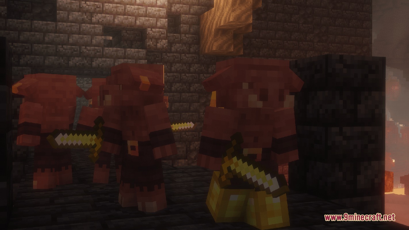 A group of Piglins holding golden swords inside a dark stone structure
