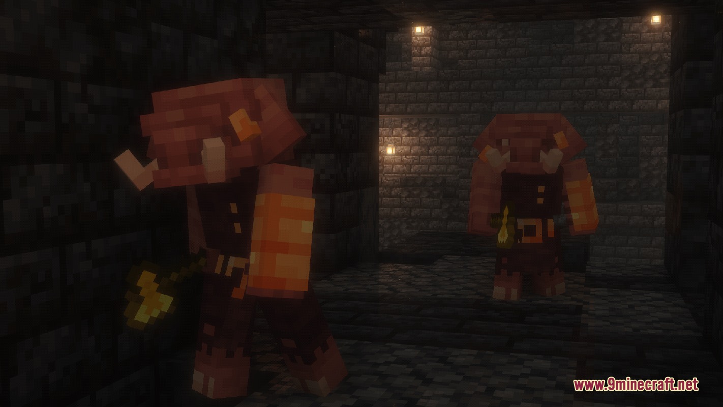 Two Piglins walking through a dark stone brick corridor with golden axes