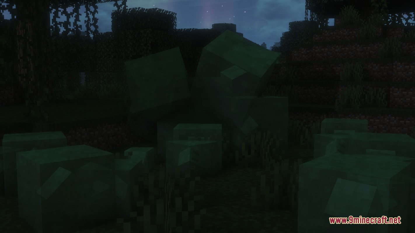 A group of green slimes bouncing in a dark swamp at night