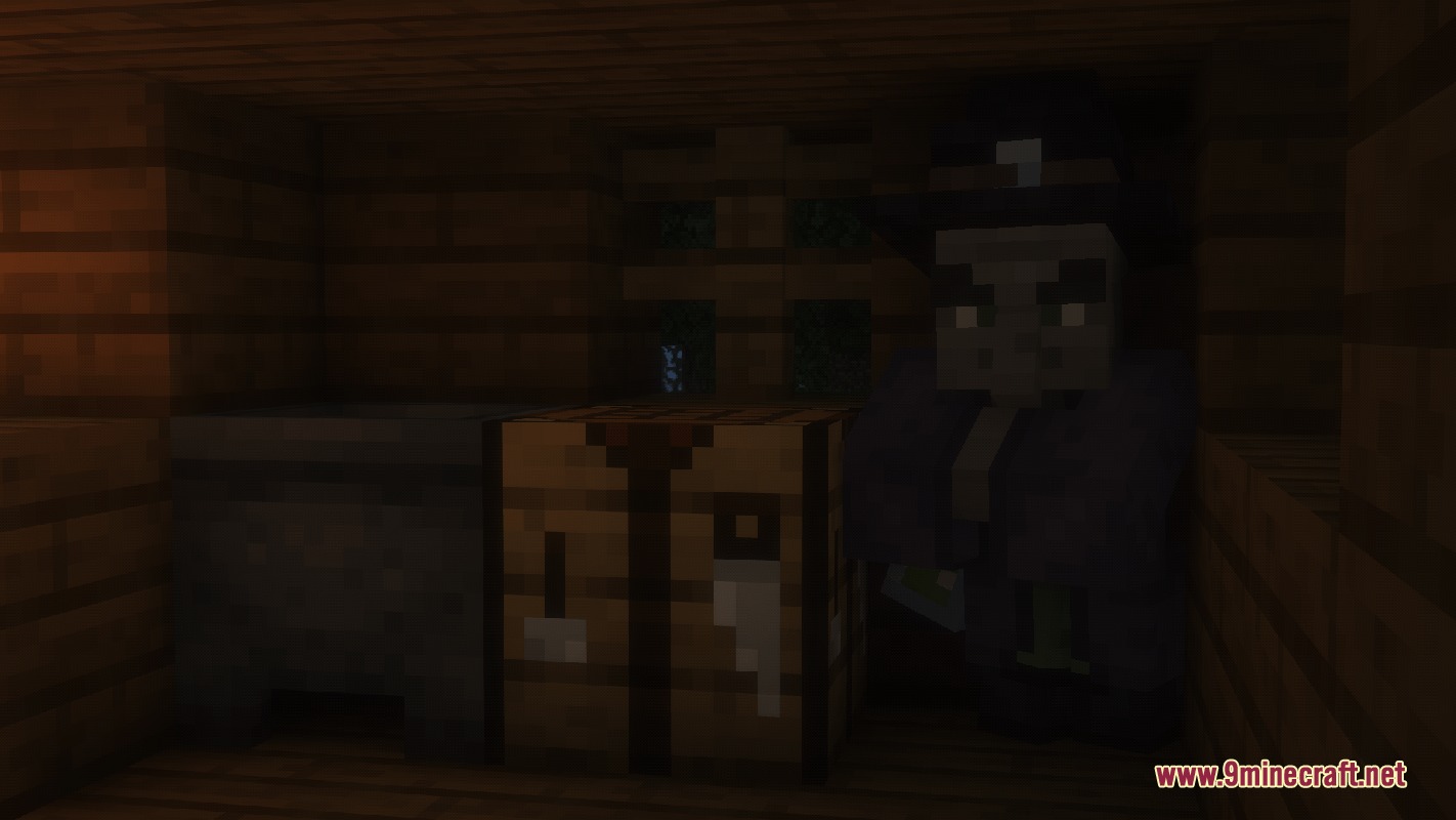 A witch standing inside a wooden hut near a cauldron and crafting table