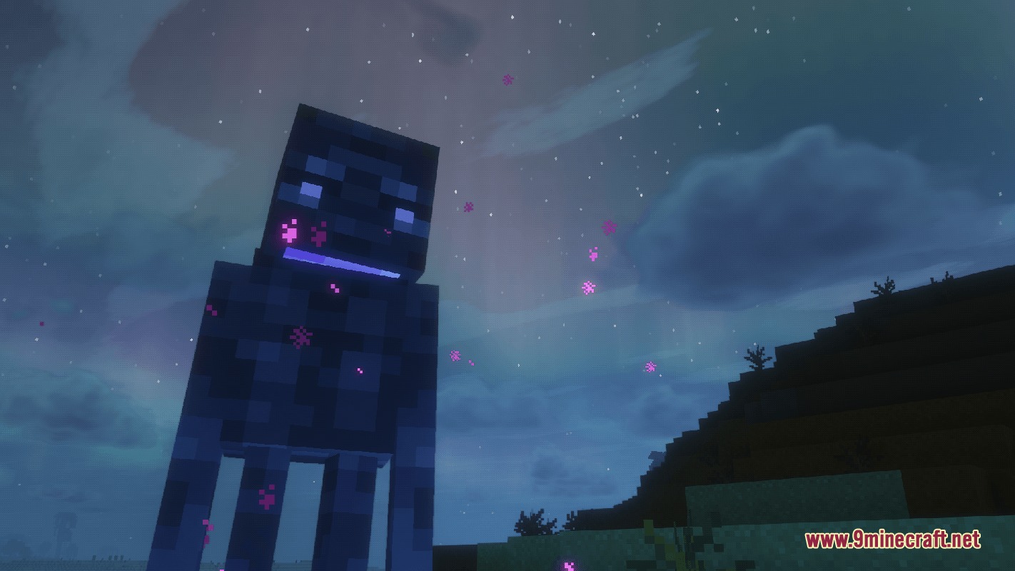A tall Enderman stands under a starry night sky with glowing purple particles