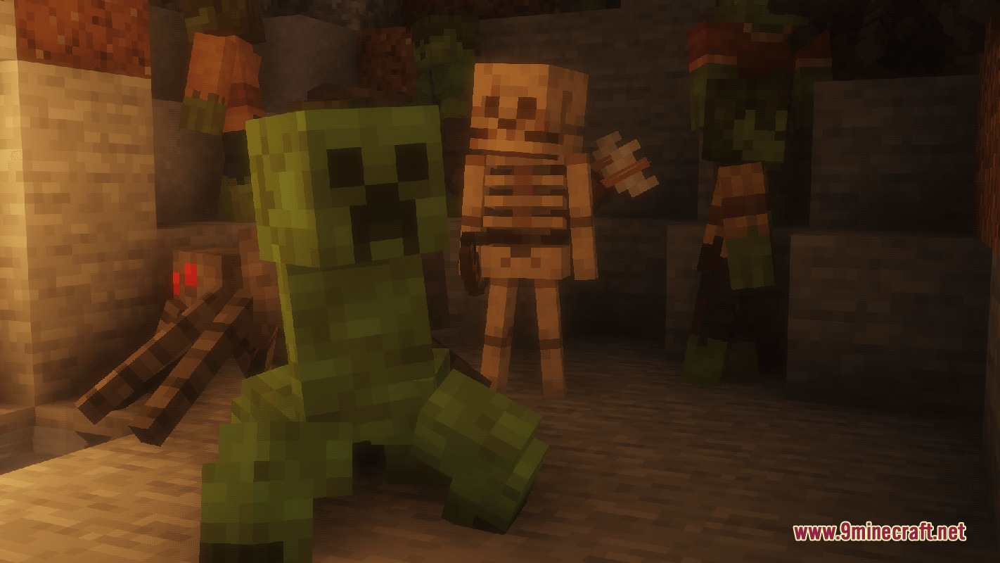 A group of classic Minecraft monsters gather inside a dimly lit stone cave