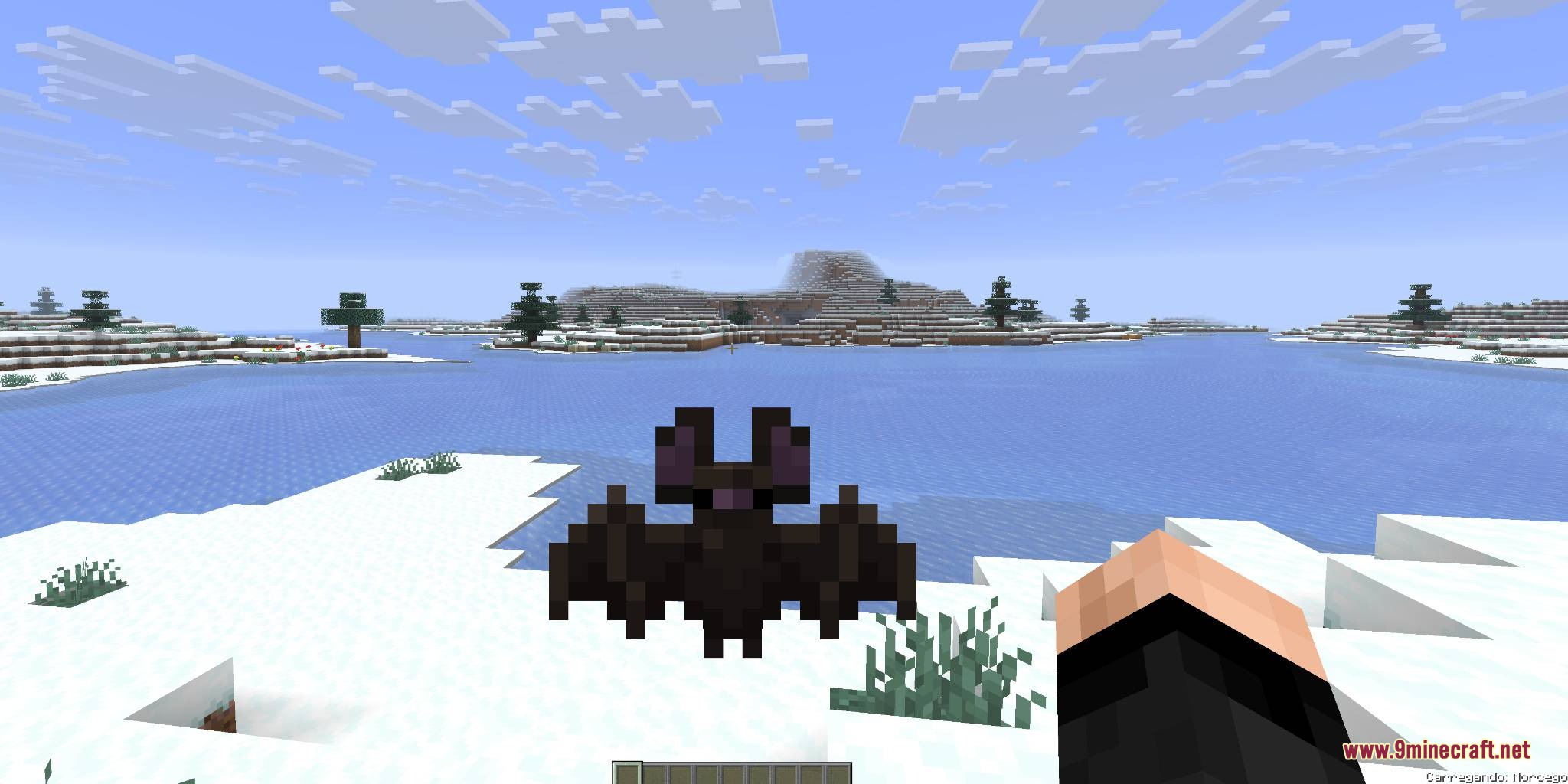Mobs and Villager Mod Screenshot 2 Player holding a small brown bat in front of a frozen lake
