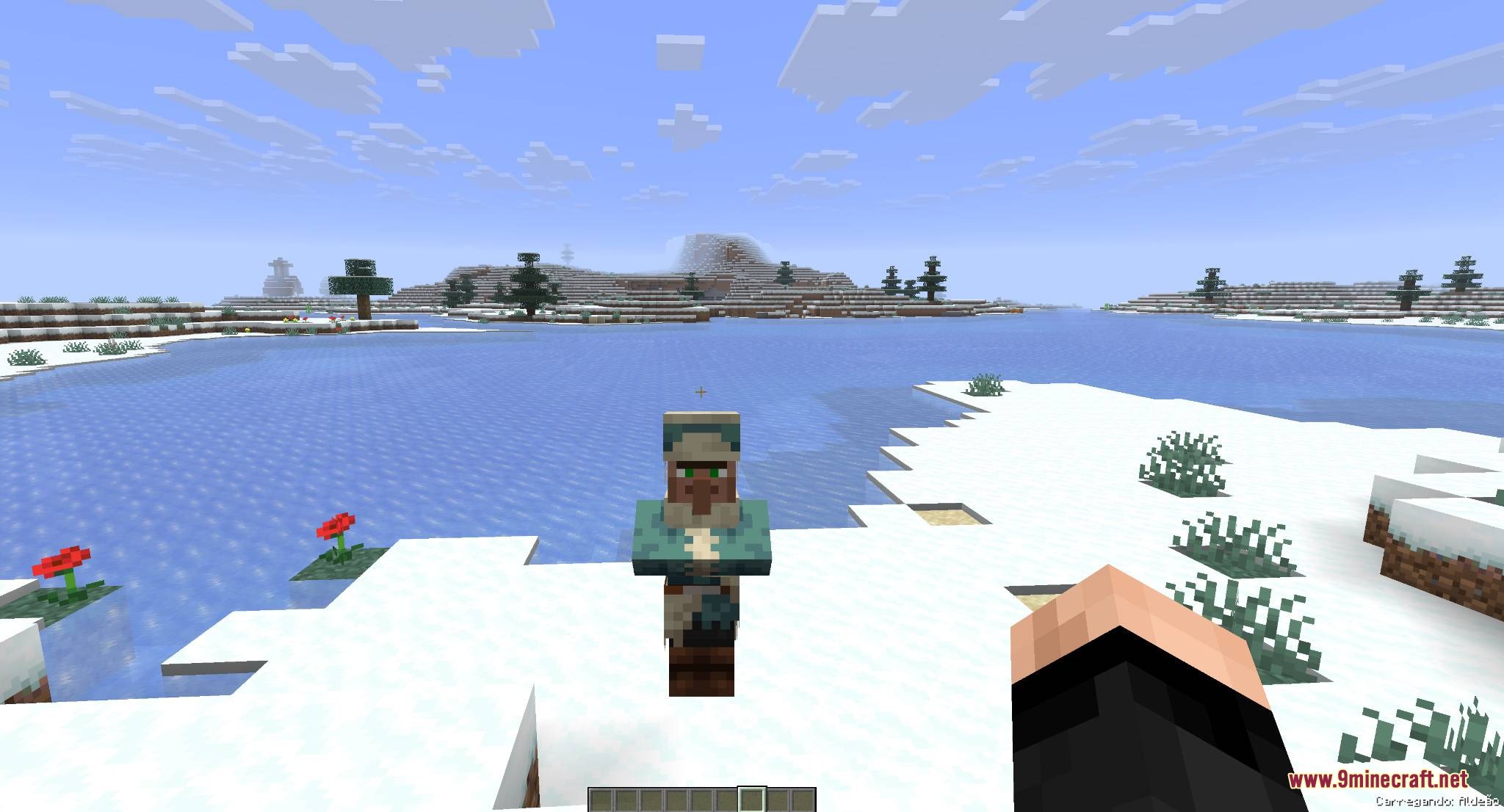 Mobs and Villager Mod Screenshot 8 Player carrying a villager in their hands across a frozen snowy landscape