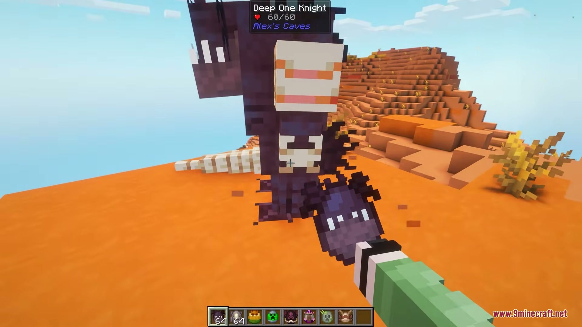 Modded Omelet Modern Spawn Eggs Resource Pack Screenshot 1 Player holding a redesigned spawn egg next to a Deep One Knight