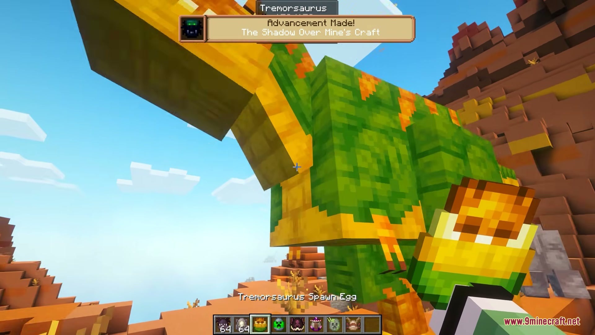 Modded Omelet Modern Spawn Eggs Resource Pack Screenshot 3 Player holding a Tremorsaurus spawn egg with the updated modern art style