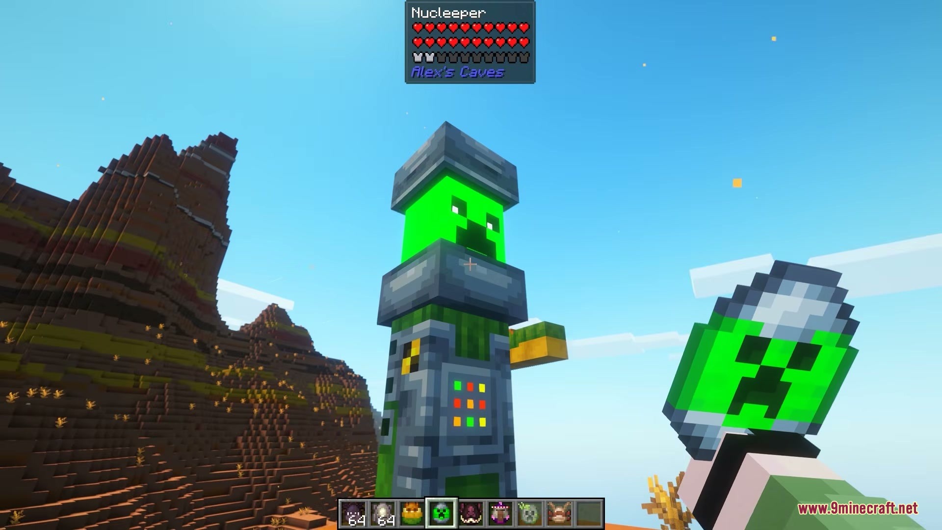 Modded Omelet Modern Spawn Eggs Resource Pack Screenshot 4 A player holds a Nucleeper spawn egg in front of the radioactive mob