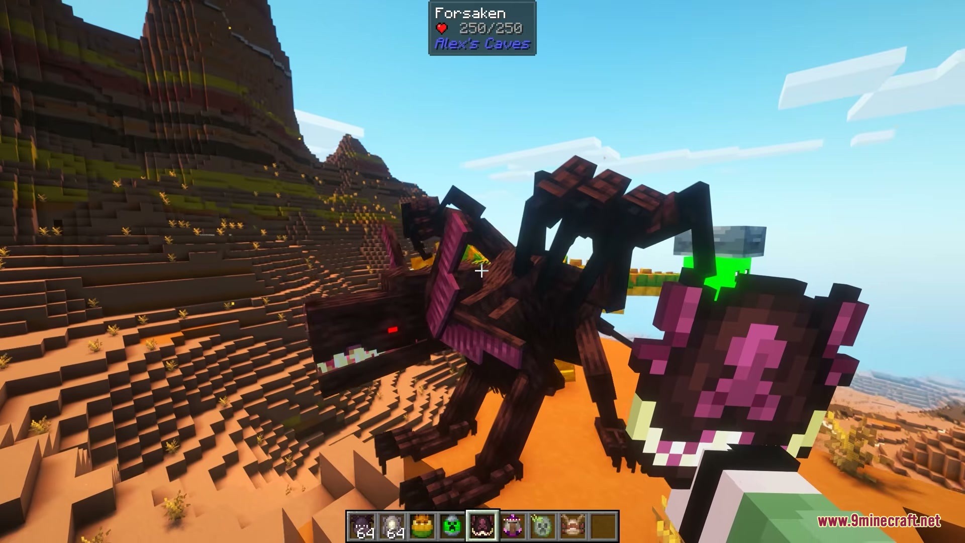 Modded Omelet Modern Spawn Eggs Resource Pack Screenshot 5 Player holding a redesigned spawn egg while facing a large dark creature