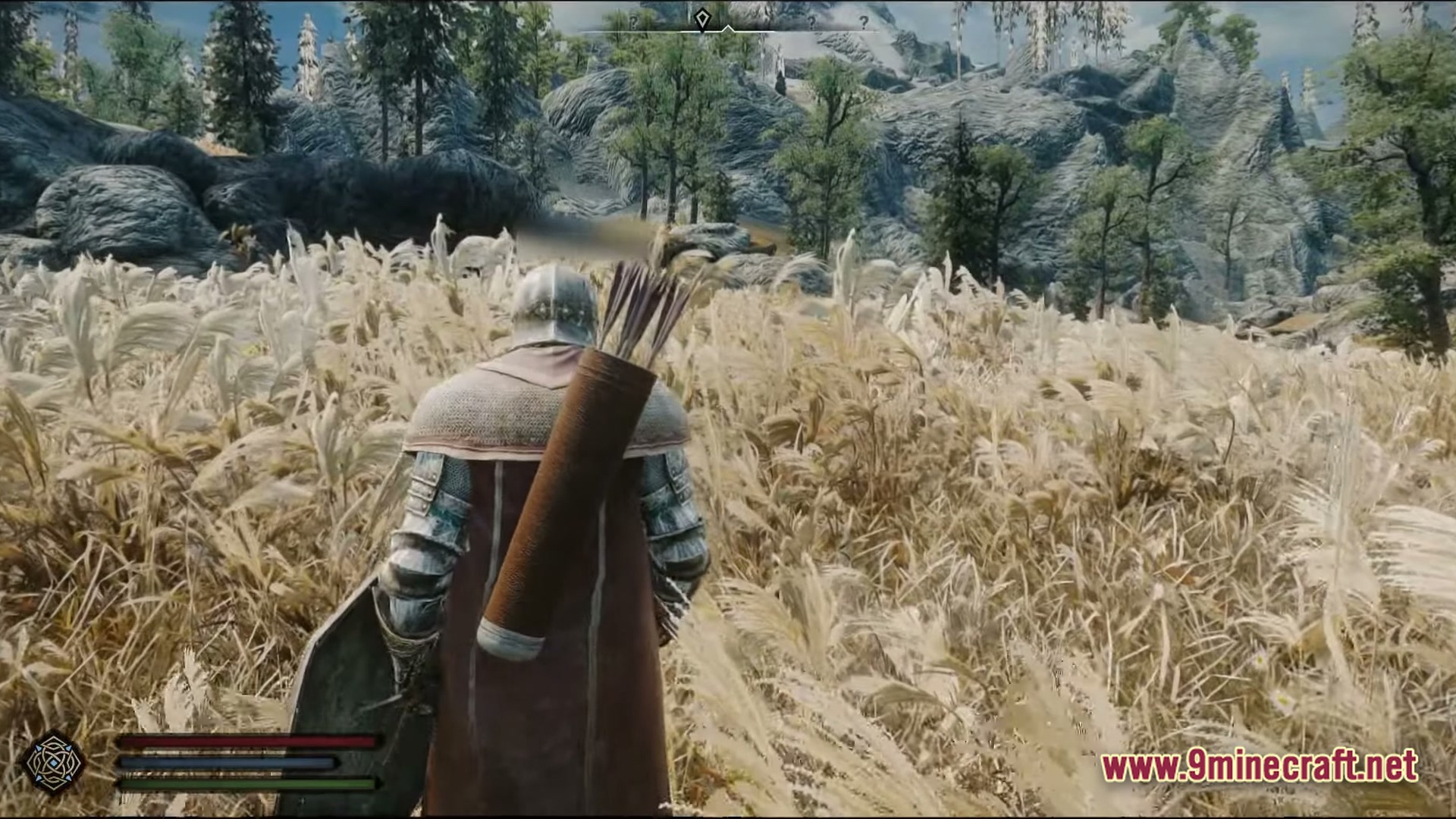 Modded Together Modpack Screenshot 1 An armored player with a quiver stands in a field of tall grass near rocky mountains