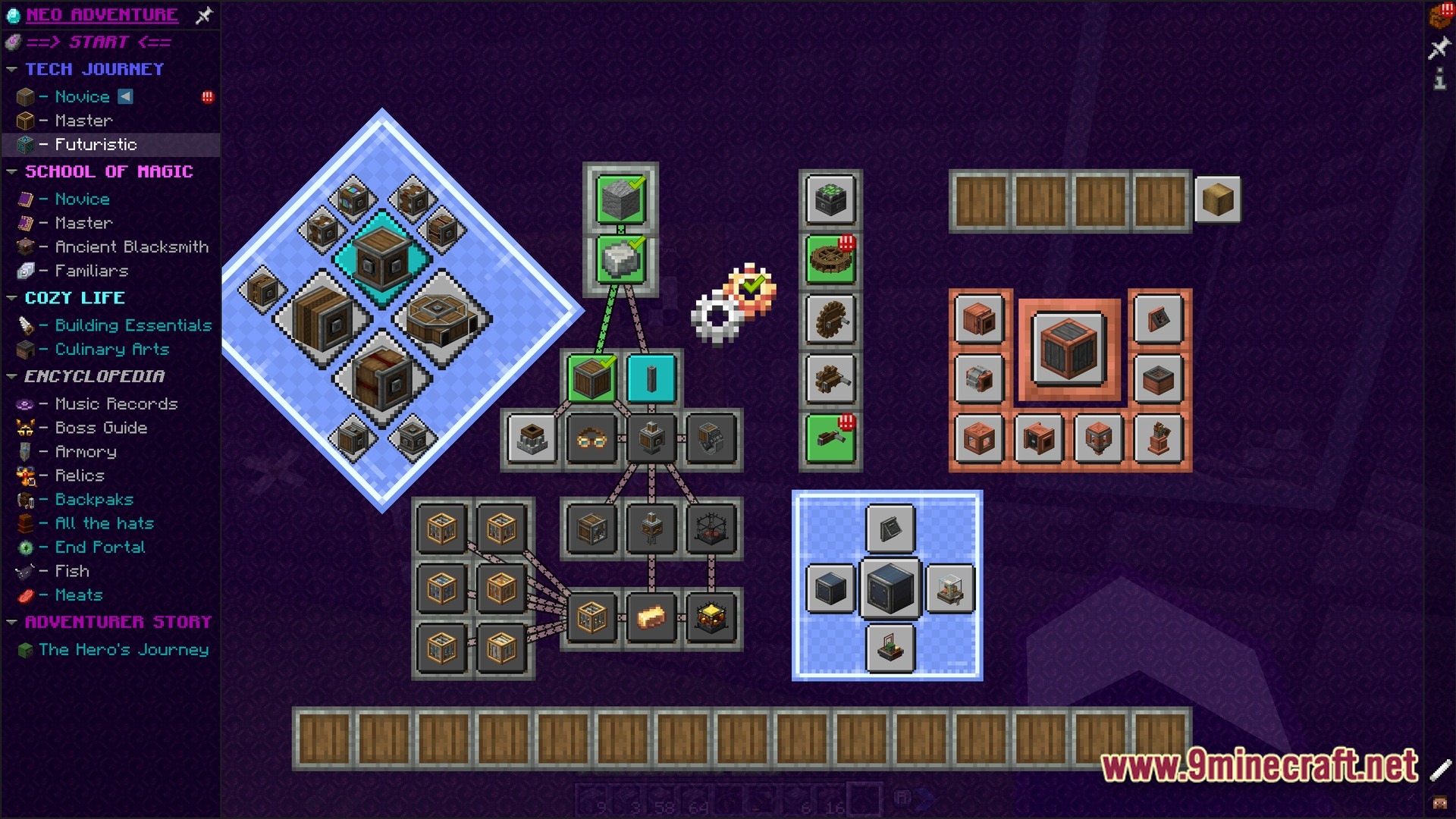 Modded Together Modpack Screenshot 10 The futuristic tech journey quest book interface displays various machine components and progression paths