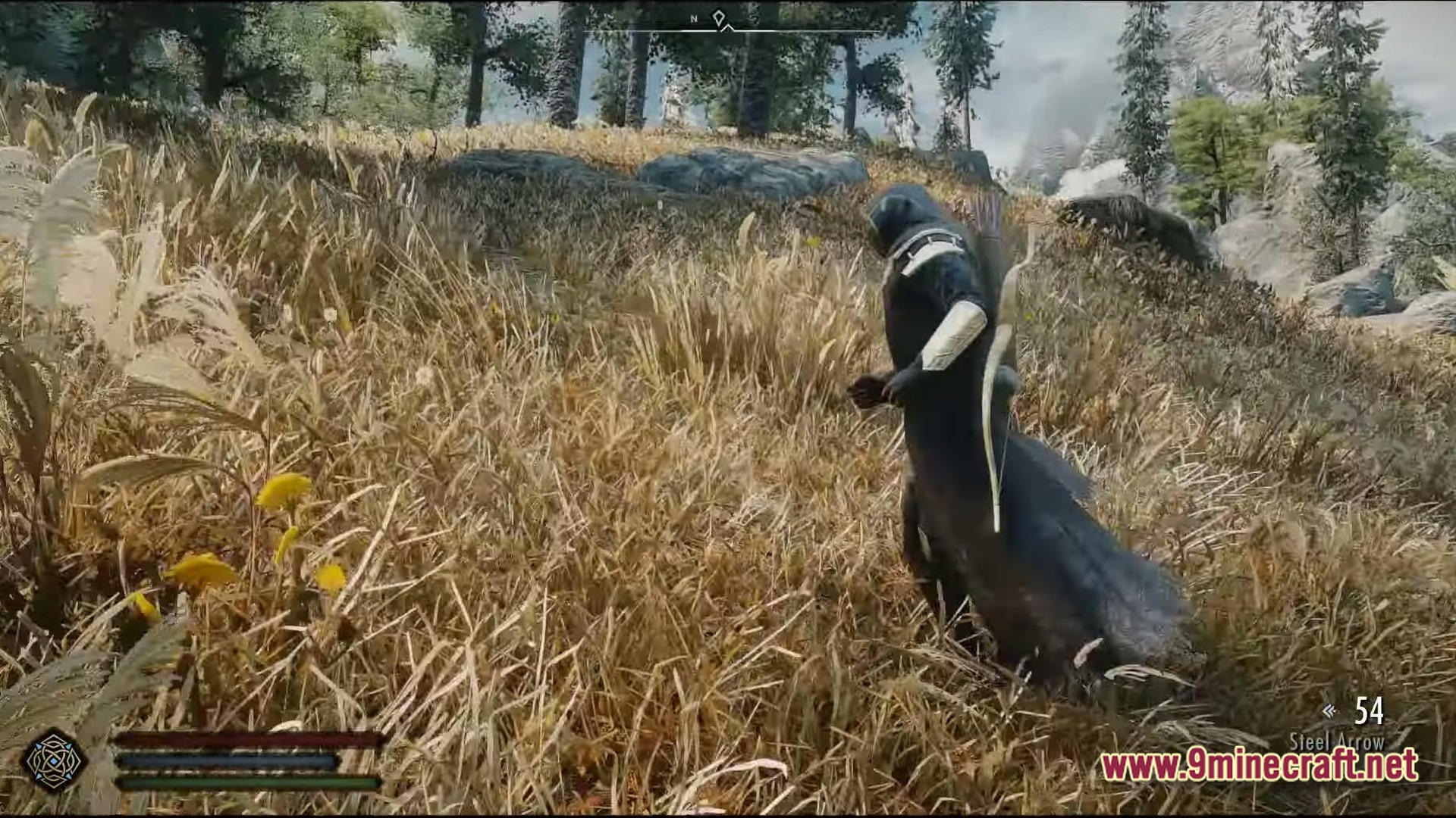 Modded Together Modpack Screenshot 2 A third-person view of a cloaked player character walking through a field of tall grass