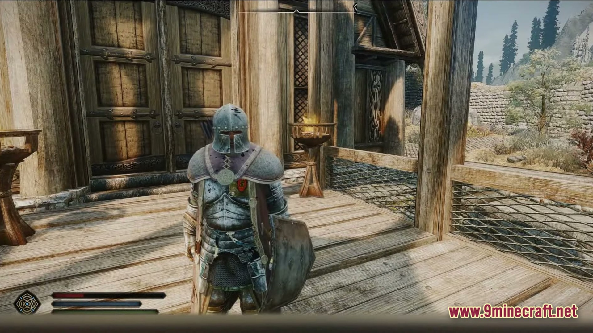 Modded Together Modpack Screenshot 3 A player character wearing heavy plate armor and a shield stands before a wooden medieval building