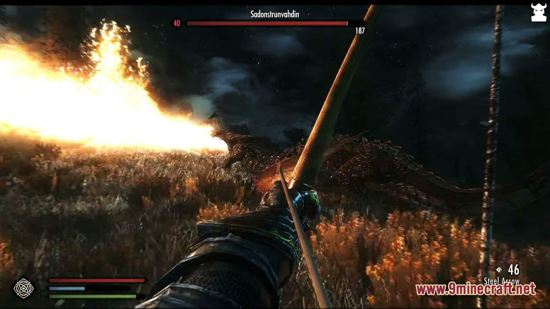Modded Together Modpack Screenshot 5 A player aims a bow at a fire-breathing dragon during a night combat encounter