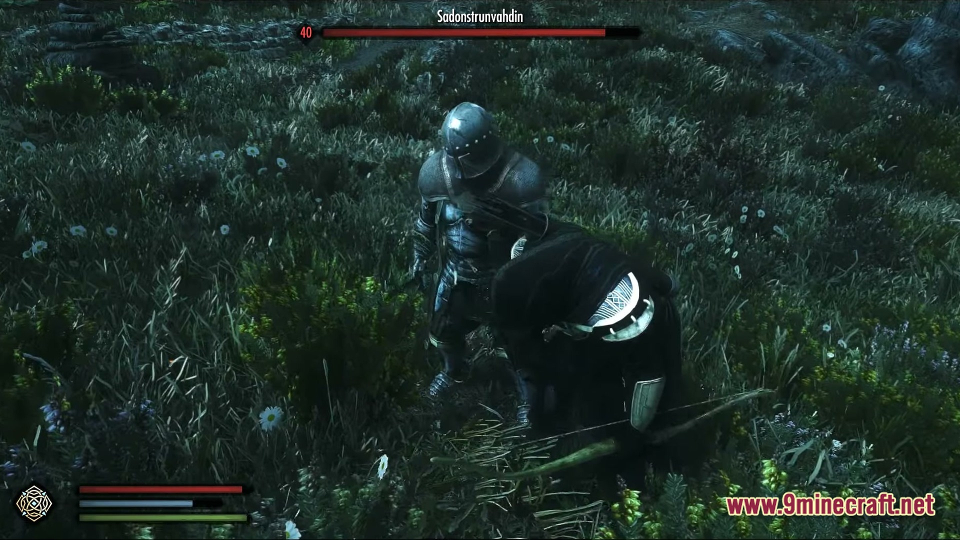 Modded Together Modpack Screenshot 6 A player in knight armor engages a boss mob named Sadonstrunvahdin in a grassy field