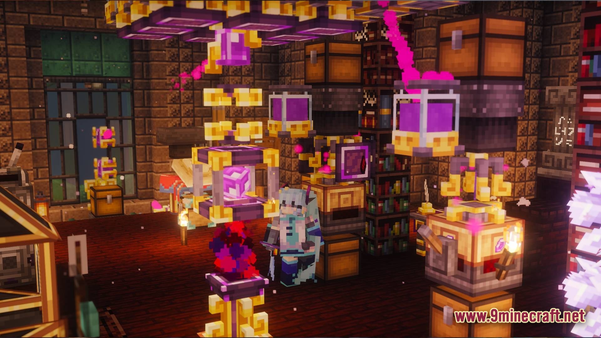 Modded Together Modpack Screenshot 7 A player stands amidst magical Thaumcraft apparatus, jars of essentia, and various arcane machinery