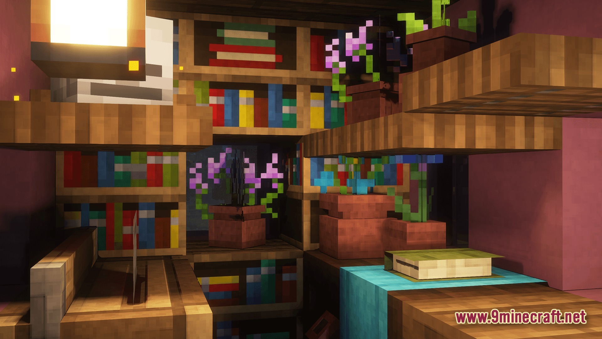 Modded Together Modpack Screenshot 8 A cozy interior featuring wooden bookshelves, potted purple flowers, and decorative items with warm lighting
