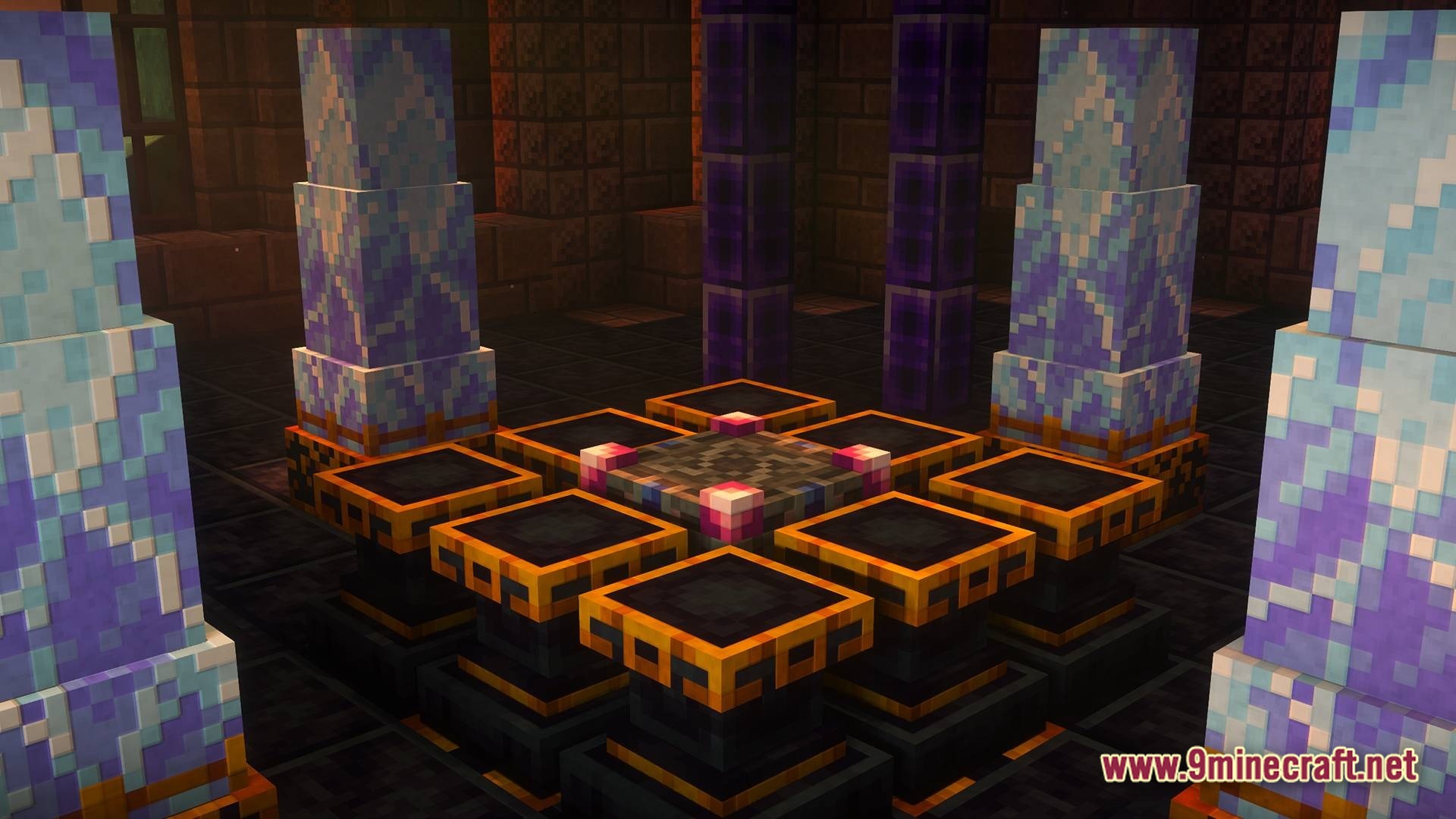 Modded Together Modpack Screenshot 9 An Altar of Birthing from the Malum mod surrounded by runic pillars in a dark room