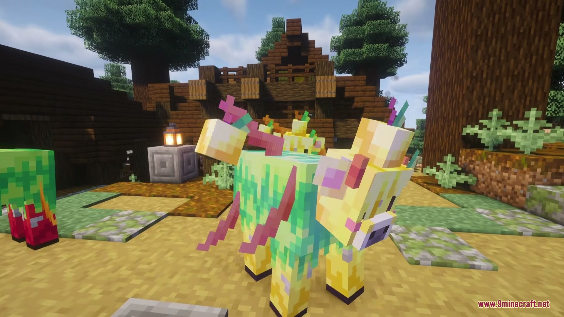 A yellow and green cow from the Modern Apple Cows Mod in Minecraft
