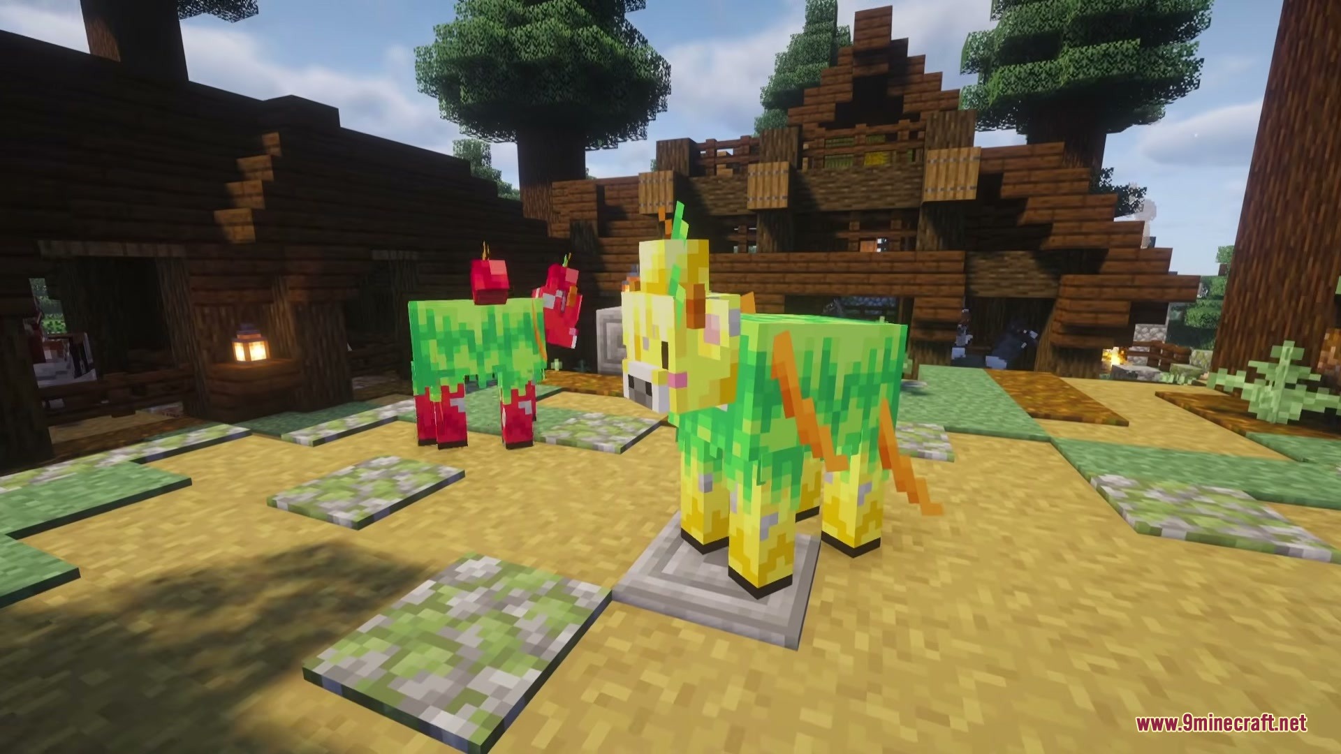 A golden apple cow standing on a stone slab in a village