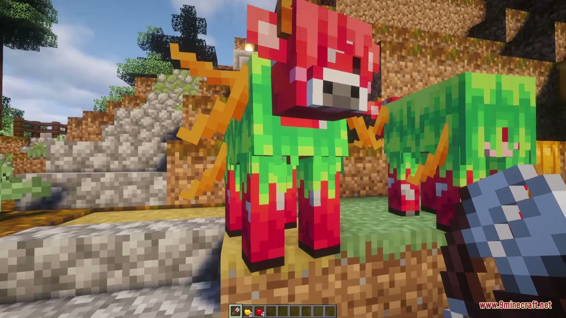 A player holding shears near a red apple cow on grass blocks