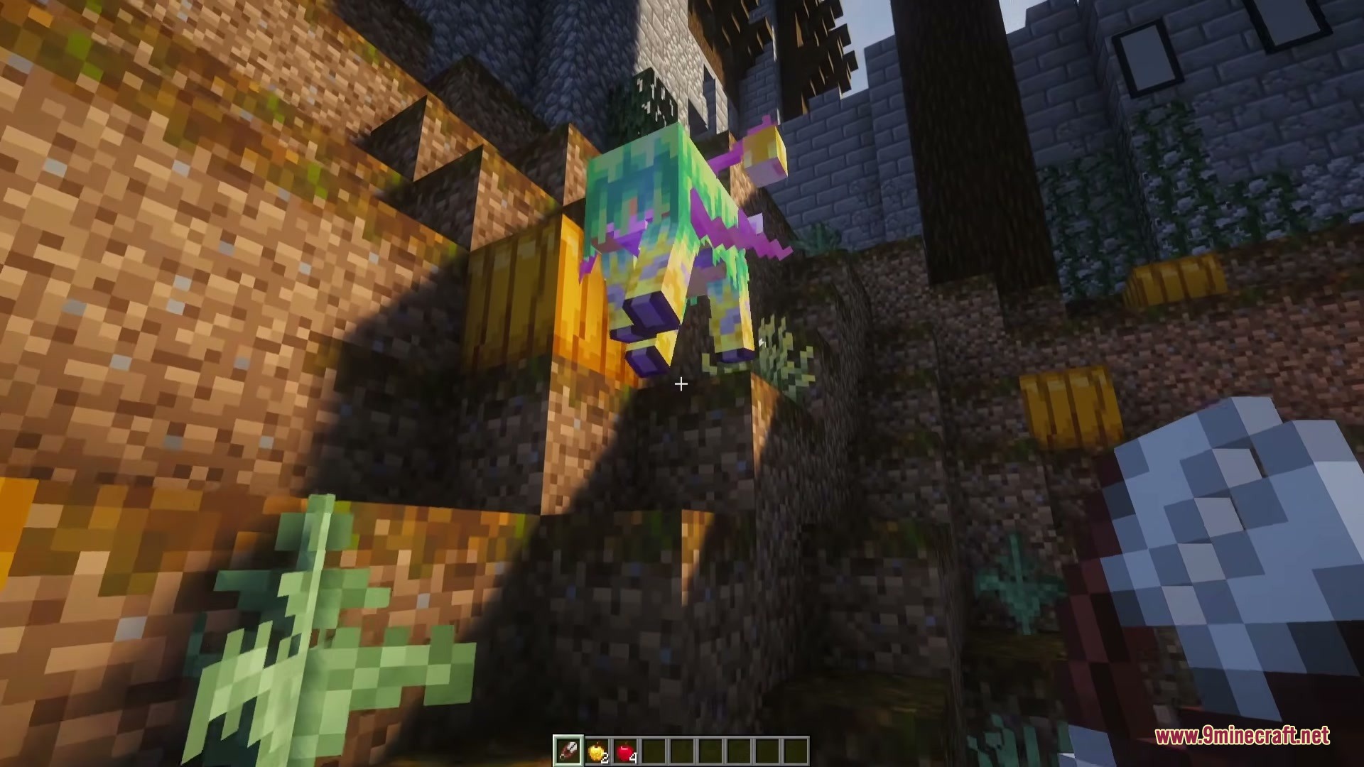 An enchanted golden apple cow jumping near pumpkins in a Minecraft forest