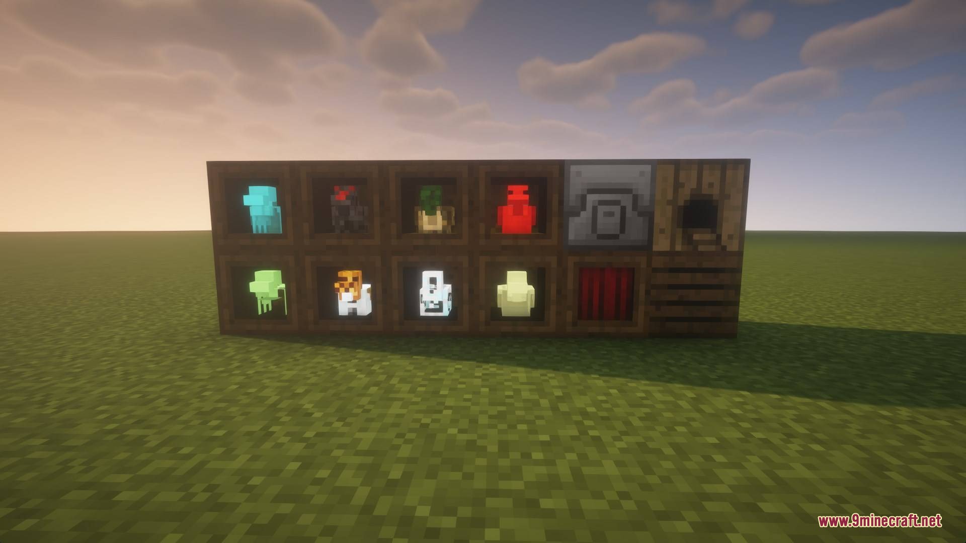 Various colored resource chickens from Modern Chickens Mod displayed in wooden roost blocks
