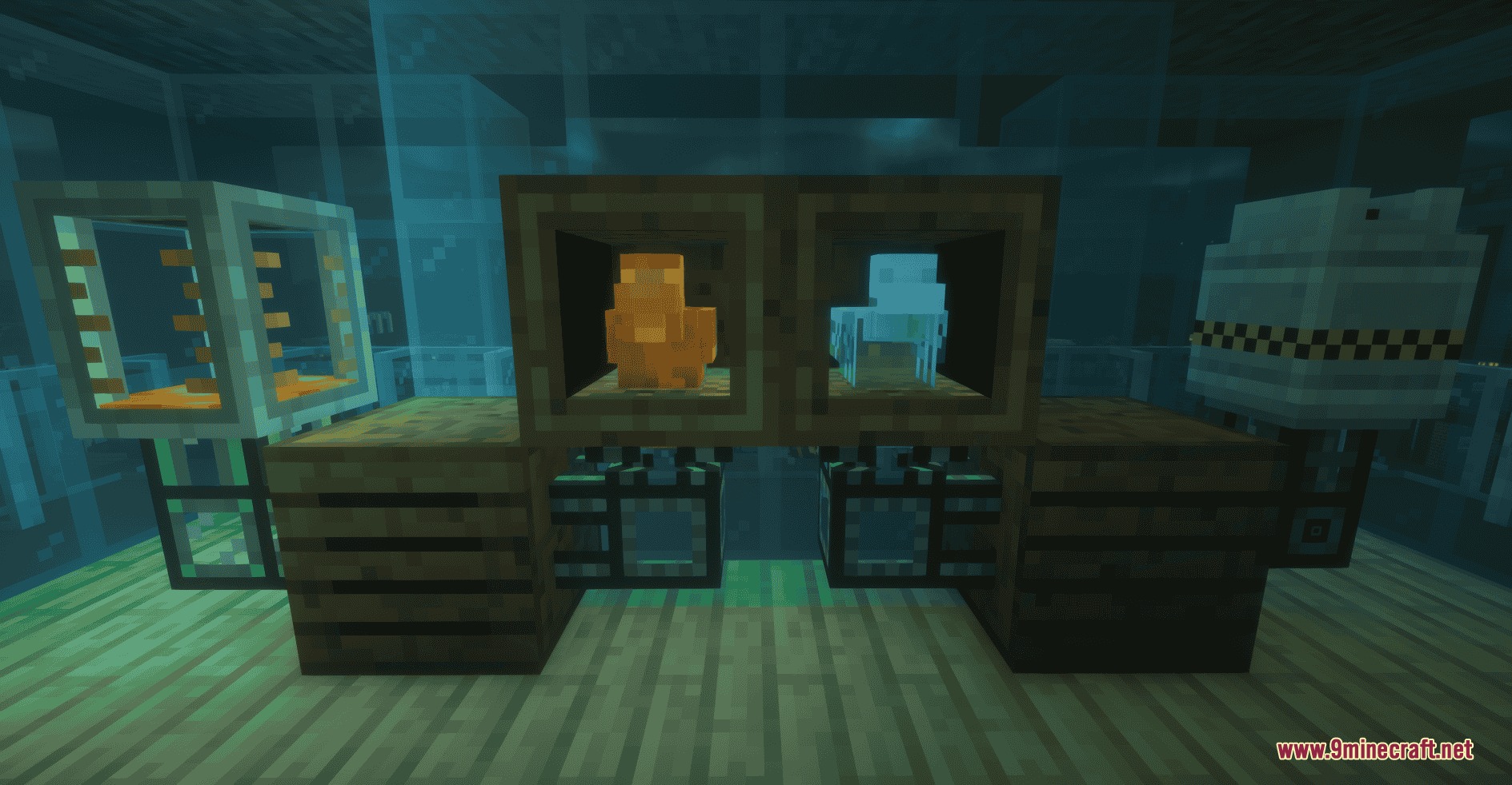 Two resource chickens sitting in wooden roosts for automated item production