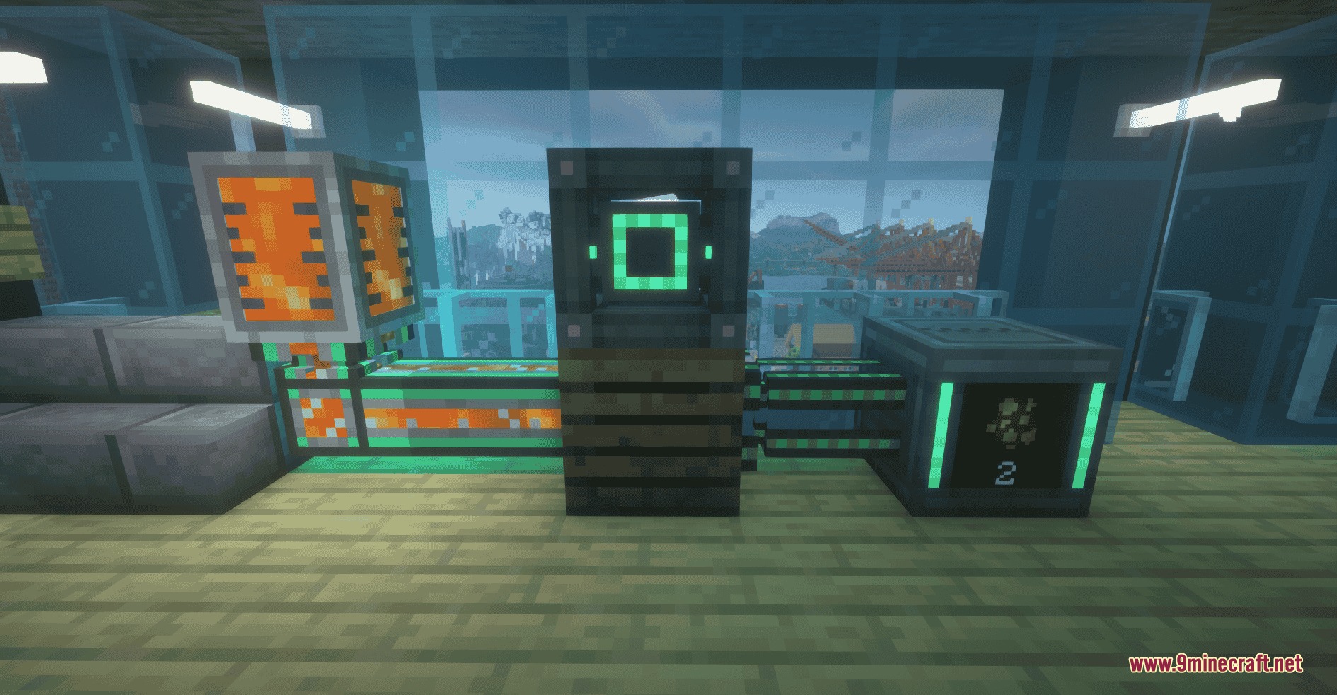 Advanced machines and pipes automating resource collection inside a modern glass room