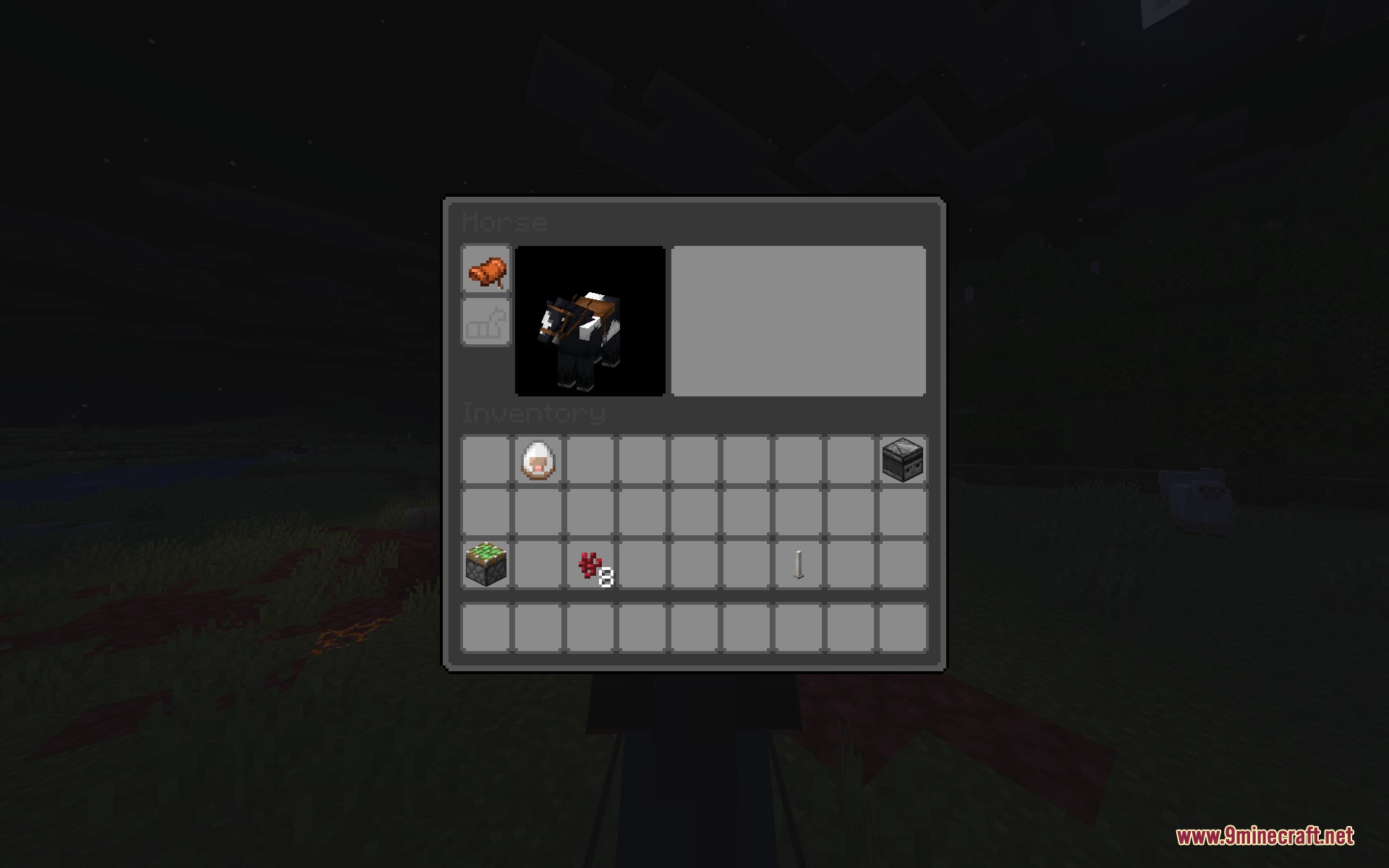 Modern dark UI for horse inventory displaying a saddle and player items